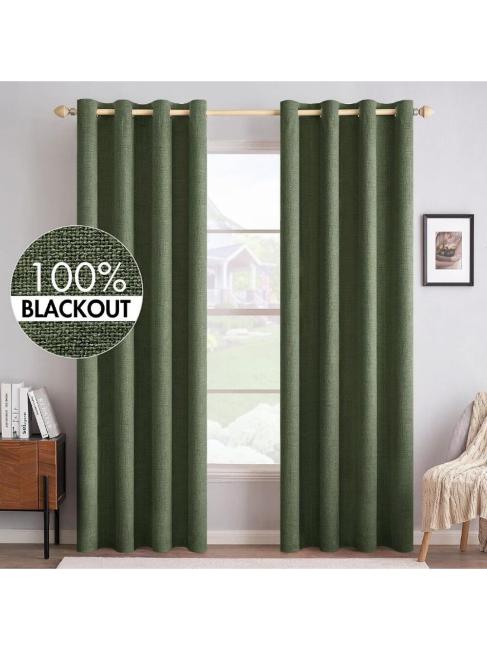 Olive Green 100% Blackout Linen Curtains for Bedroom, 52x84 Inches, Energy